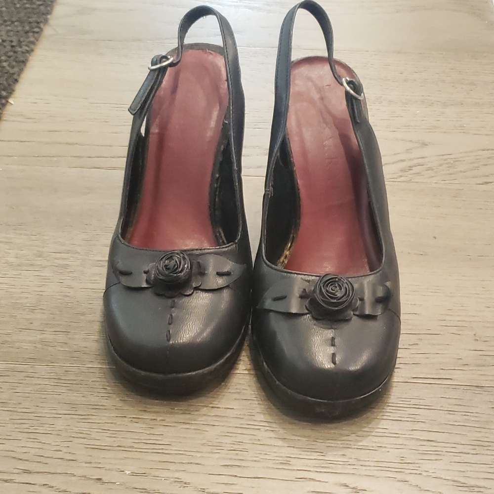 Black leather platform high heels shoes